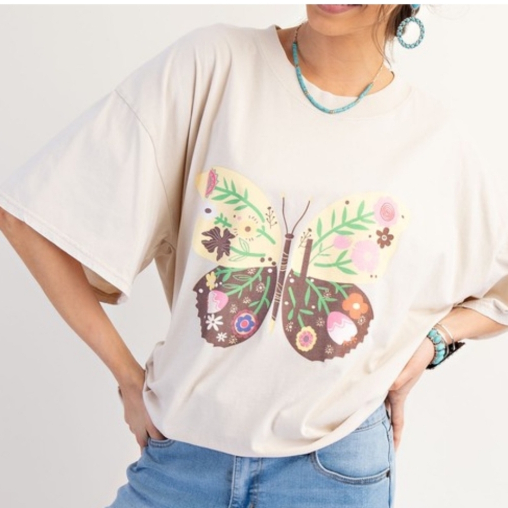 EASEL BUTTERFLY PRINT MINERAL WASHED COTTON KNIT TOP - Picture 2 of 4